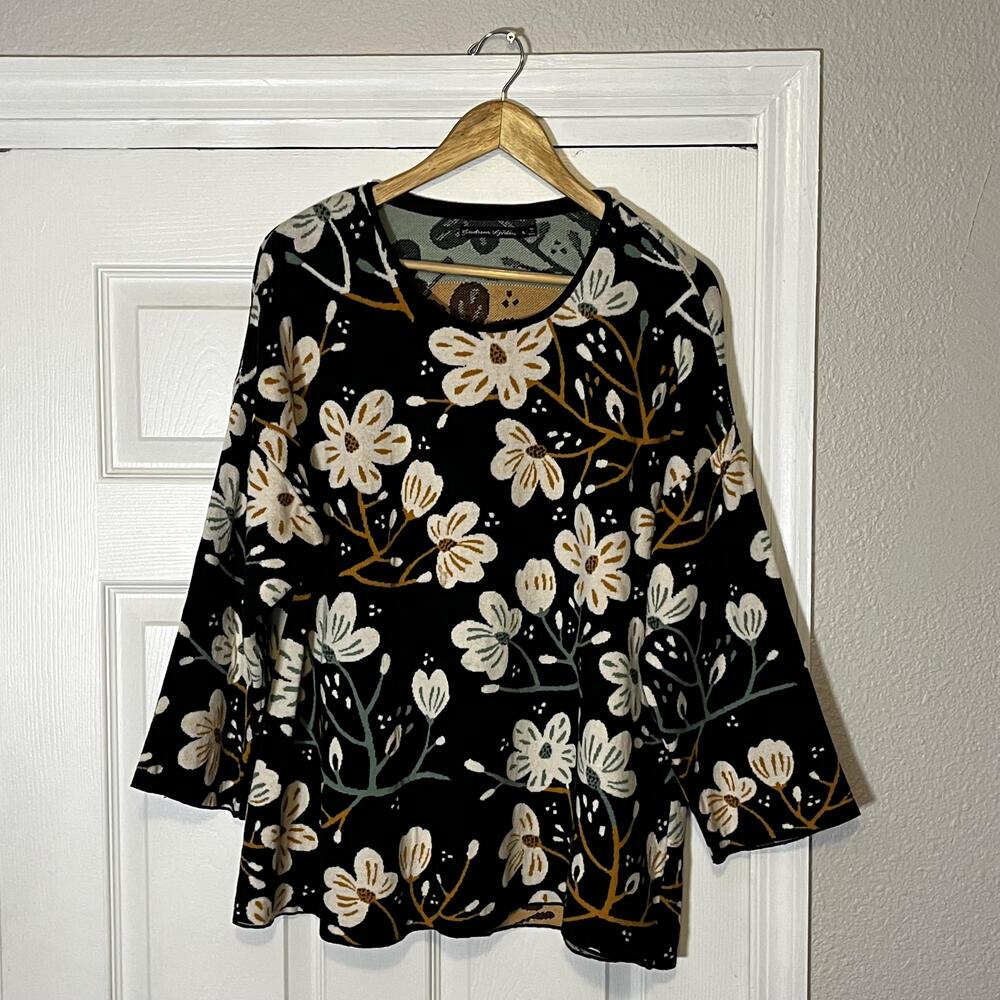 Gudrun Sjoden Sweater Womens XL Black Organic Cotton Floral Knit 3/4 Sleeve